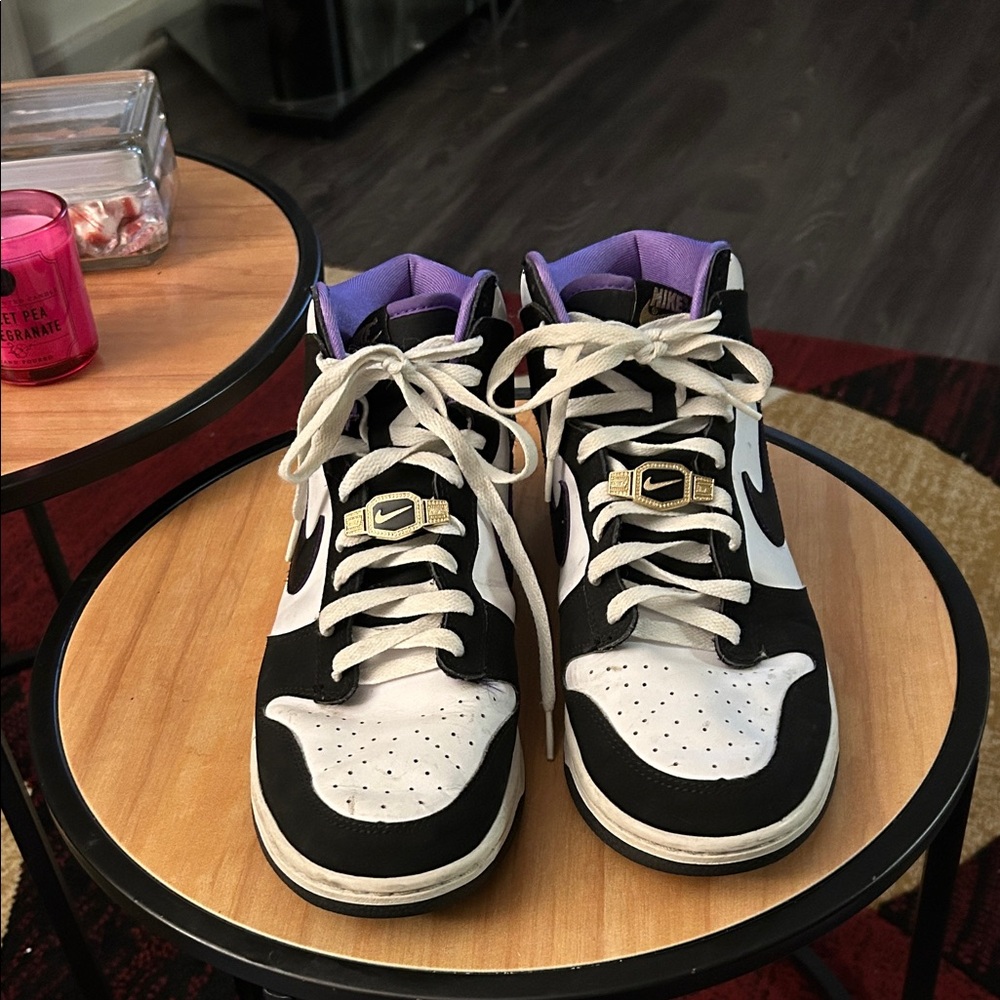 Nike Dunk Black and White Shoes with Purple Highlights